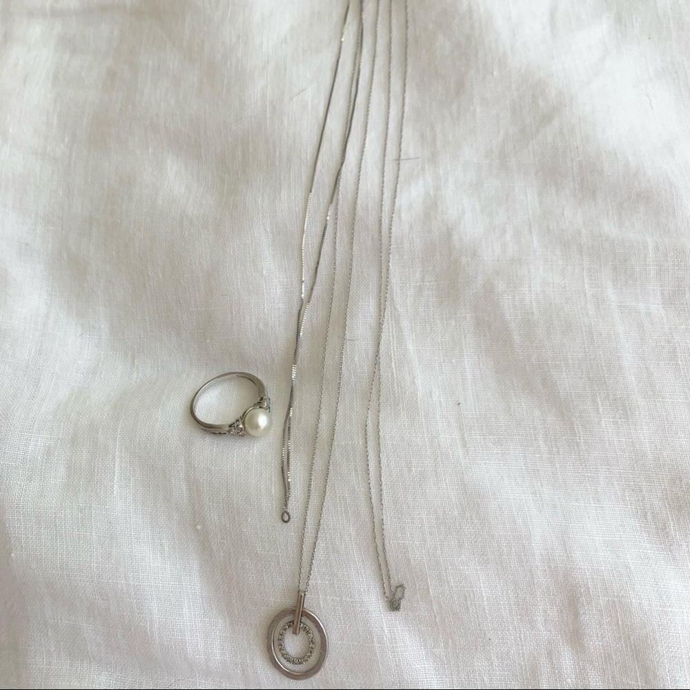 Set of white gold, pearl, & pave diamond
